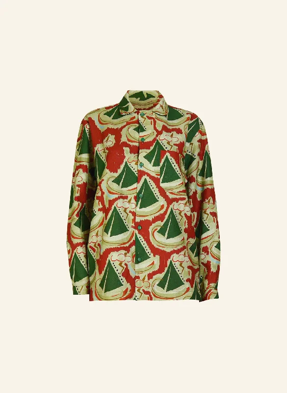 - Postoperative pet anti-licking Elizabethan collarKit - Long Sleeve - Burgundy Sailing Boats Shirt