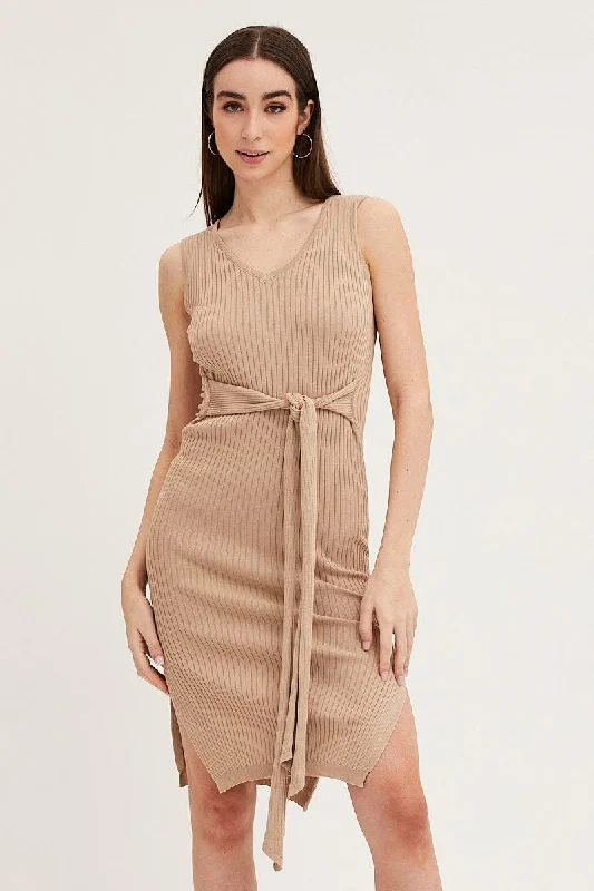 Brown Knit Midi Dress