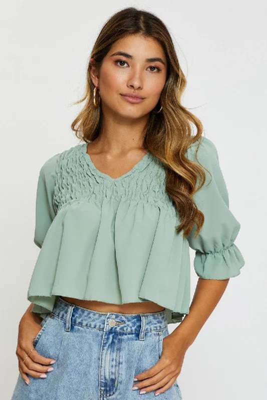 Green Crop Blouse Short Sleeve Round Neck